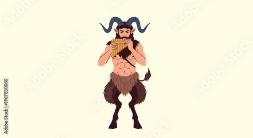 Mythological satyr character with goat legs and horns playing a wooden pan flute against a plain cream background.
