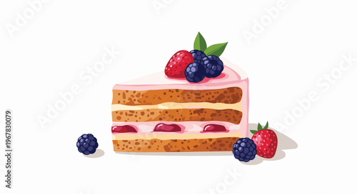 Delicious layered cake slice topped with fresh strawberries and blackberries served with extra fruit on the side.