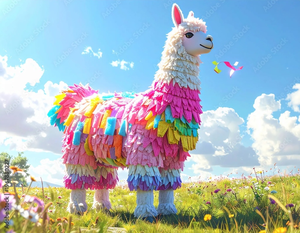 Naklejka premium Vibrant Llama Pinata in a Sunny Meadow with Butterflies.