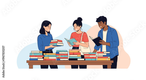 Group of students or readers browsing a large selection of books on a table at a library, bookstore, or market.