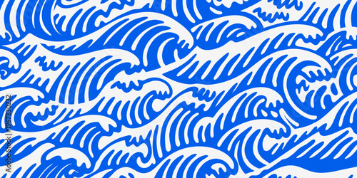 Dynamic blue waves create a repeating stylized ocean pattern