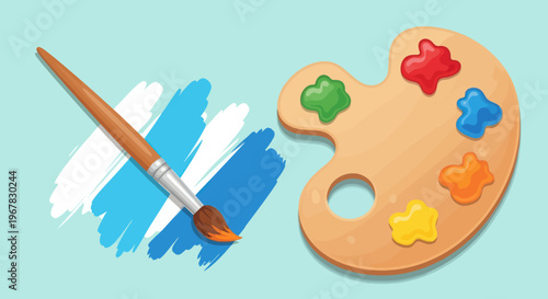 Artistic Paintbrush and Palette with Vibrant Colors on Light Blue Background