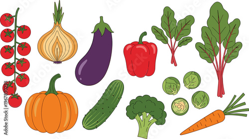 Vegetable collection flat vector set. Tomato onion eggplant pepper pumpkin cucumber broccoli carrot and leafy greens. Fresh organic farm produce illustration for cooking and healthy food design.