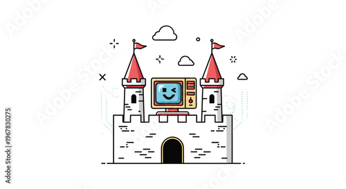 Friendly computer monitor character with a wink sitting as the guard of a clean white medieval castle fortress wall.