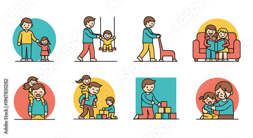 Family Life Icons: Parent Child Activities, Bonding, Playtime, Education, Support