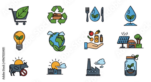 Eco-friendly icons set: recycling, sustainability, nature, organic food, energy, farming