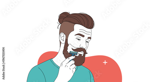 Young man with a stylish bun and beard shaving his face with a razor and white foam against a minimalist background.