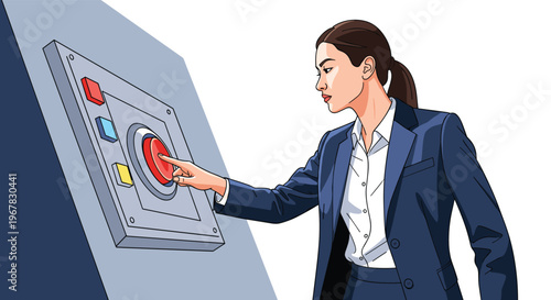 Businesswoman in a professional blue suit pressing a large red button on a control panel with high level of concentration.