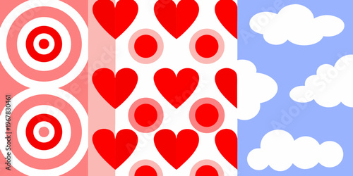 A playful pattern featuring hearts targets and fluffy white clouds