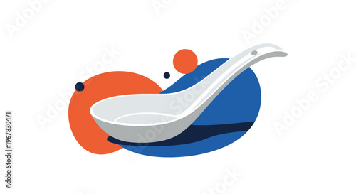 Minimalist illustration of a traditional white ceramic soup spoon placed on colorful abstract circular shapes background.