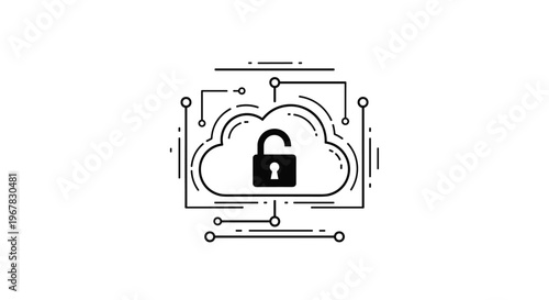 Conceptual line art of a cloud with an open padlock and circuit patterns symbolizing advanced network data security.