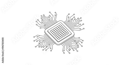 Detailed isometric line drawing of a computer processor chip with numerous intricate pins extending outward from center.