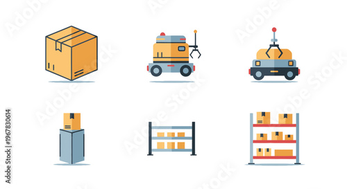 Warehouse Automation Icons: Robots, Boxes, Shelving, Logistics
