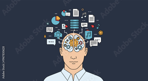 Conceptual illustration of a human head with various data and media icons floating above representing vast knowledge.