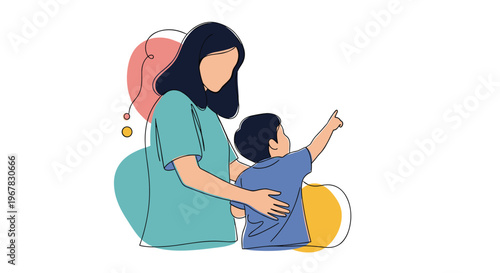 Mother hugging her young son from behind as he points towards a distant object against a colorful artistic background.