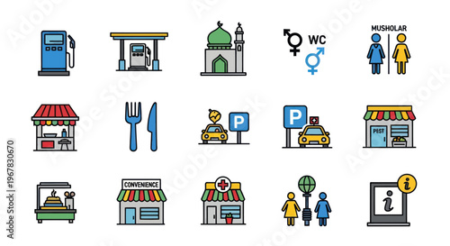 Collection of Flat Design Icons for Public Amenities and Services