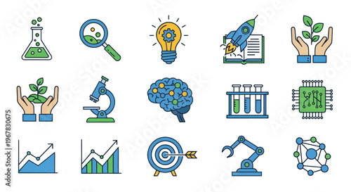 Science, technology, and innovation icons: Brain, rocket, plant, microscope, circuit board