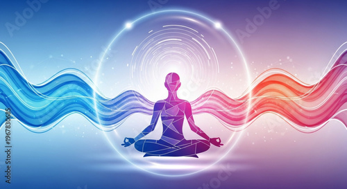 Person meditating in lotus position surrounded by glowing aura and colorful energy waves