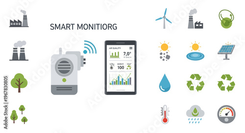 Smart Monitoring System: Icons for Environment, Industry, Technology, and Weather