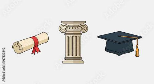 Graduation Cap Diploma and Column Icons symbolizing education, achievement, and knowledge