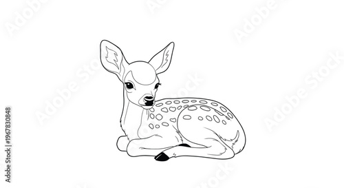 Delicate black and white line drawing of a young fawn sitting peacefully with white spots on its back in nature.
