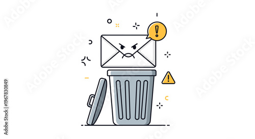 Angry envelope character popping out of a trash can representing unwanted spam or junk email messages in the inbox.