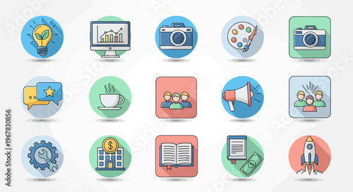 Business and Technology Icons: Innovation, Finance, Teamwork, Marketing, and Creativity