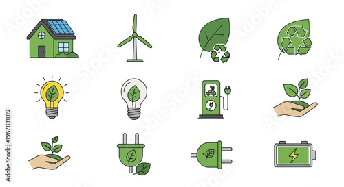 Green Energy Icons: Solar House, Wind Turbine, Leaf, Recycle, Lightbulb, EV Charger, Plant Hand