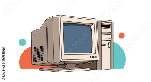 Retro illustration of an old desktop computer monitor and tower unit from the nineties against colorful background circles.