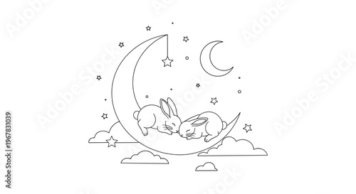 Black and white outline of two adorable bunnies sleeping together on a crescent moon among the night stars and clouds.