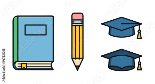 Education Icons: Book, Pencil, Graduation Caps - Knowledge & Learning Symbols