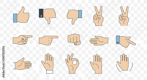 Diverse Hand Gestures Icons: Thumbs Up, Down, Peace, Pointing, Fist, Okay, Open Palm
