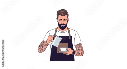 Professional barista with tattoos pouring steamed milk from a pitcher into a cup to create beautiful latte art.