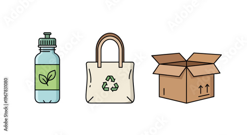 Eco-friendly products: reusable water bottle, tote bag, and cardboard box icons