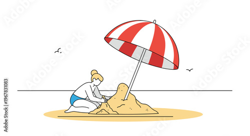 Young woman in swimwear sitting on a sandy beach under a red and white striped umbrella building a sandcastle by sea.