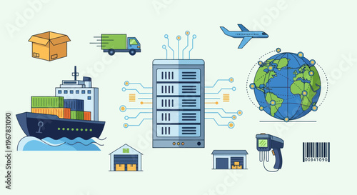 Digital Logistics Network: Server, Globe, Cargo Ship, Truck, Plane, Warehouse, Scanner, Barcode