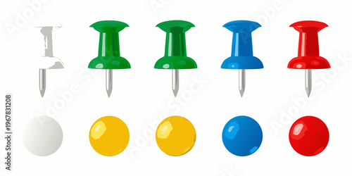 Assorted colorful push pins and thumbtacks with plastic heads displayed
