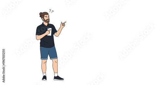 Confused man with a beard looking at his smartphone and pointing towards something while standing alone on white.