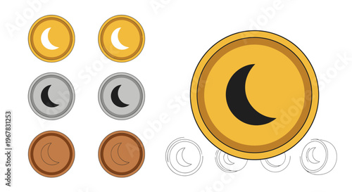 Gold, Silver, Bronze Coins with Crescent Moon Symbol