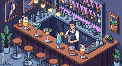 Bartender prepares colorful cocktails at modern bar with stools and bottles on shelves