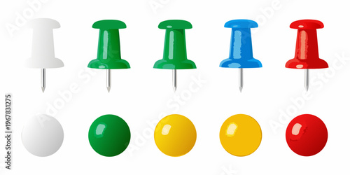 Colorful push pins and thumbtacks arranged in a neat row