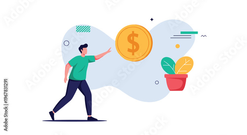 Young man in a green shirt reaching out towards a large floating gold dollar coin in a symbolic modern office space.