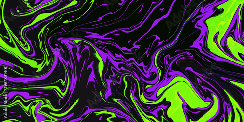 Abstract fluid art with swirling neon green and purple hues