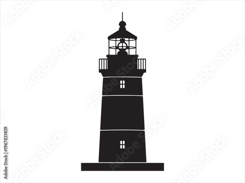 A stark black lighthouse tower beaming light across the dark sea silhouette vector isolated on white background
