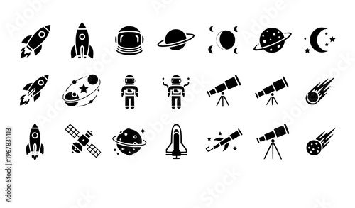 Minimal space icon set astronomy rocket planet astronaut satellite vector isolated on white background