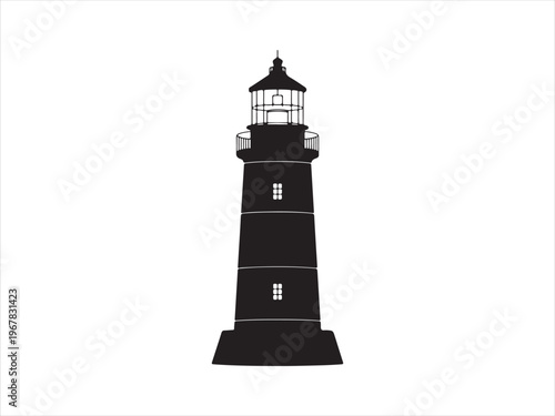 A stark black lighthouse tower beaming light across the dark sea silhouette vector isolated on white background
