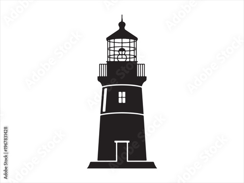 A stark black lighthouse tower beaming light across the dark sea silhouette vector isolated on white background
