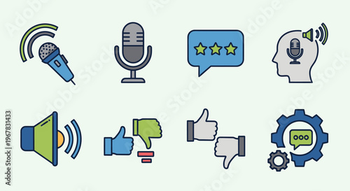 Audio Feedback Icons: Microphone, Speaker, Thumbs Up/Down, Stars, Chat Bubble, Head Profile