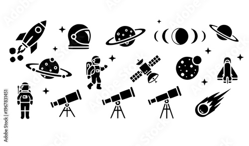 Modern space and astronomy icons rocket astronaut planet satellite cosmic vector isolated on white