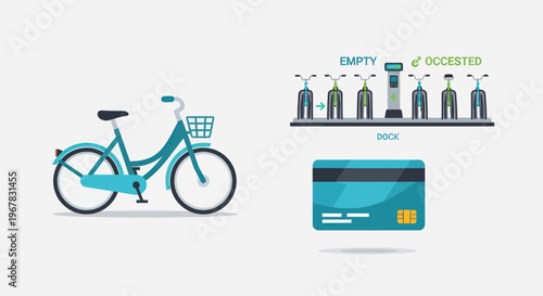 Bike Sharing Concept: Bicycle, Dock, Credit Card, Empty and Occupied Stations